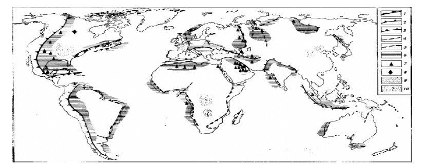 Map-layout of the main oil and gas regions of the globe (Gavrilov V. P.,1986). 1, 2, 3 — zones of plate subduction of Paleozoic, Mesozoic and Cenozoic ages, respectively; 4 — some intracontinental rifts; 5 — marginal continental rifts; 6 - oil and gas regions; 7 — large deposits oil and gas; 8 —deposits of bitumen and heavy oil; 9 —intra—platform oil and gas depressions; 10 - the same, but assumed.