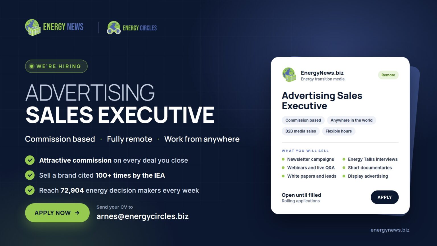 EnergyNews.biz is hiring an Advertising Sales Executive, commission based and fully remote