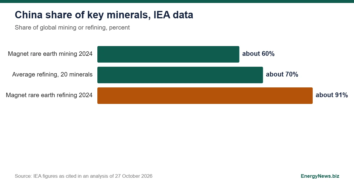 Battery Supply Chain Can Cut China Reliance, Not End It Bar chart of China share of mining and refining, battery supply chain minerals