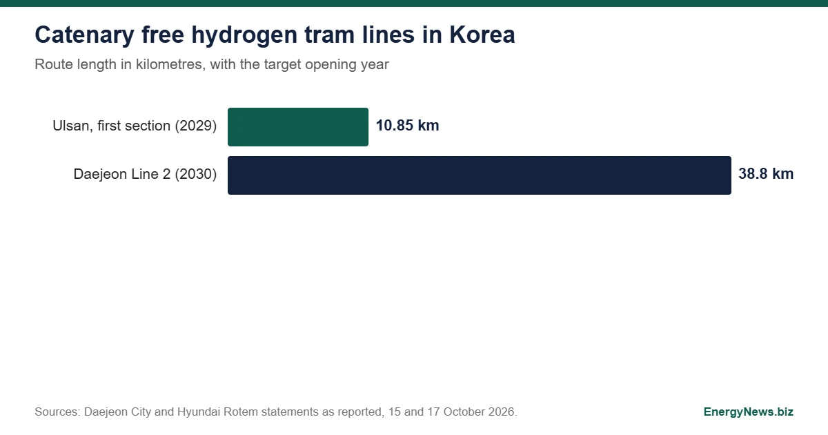 Daejeon's hydrogen tram slips two years to 2030 Bar chart of Korean hydrogen tram routes: Ulsan first section 10.85 km, target opening 2029, and Daejeon Line 2 38.8 km, target opening 2030