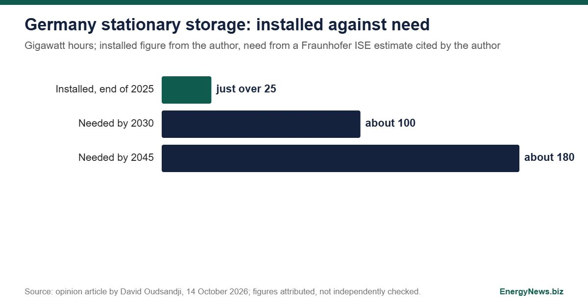 Europe's storage boom outgrew second-life batteries Bar chart of Germany stationary battery storage in gigawatt hours: just over 25 installed at the end of 2025, about 100 needed by 2030, about 180 needed by 2045
