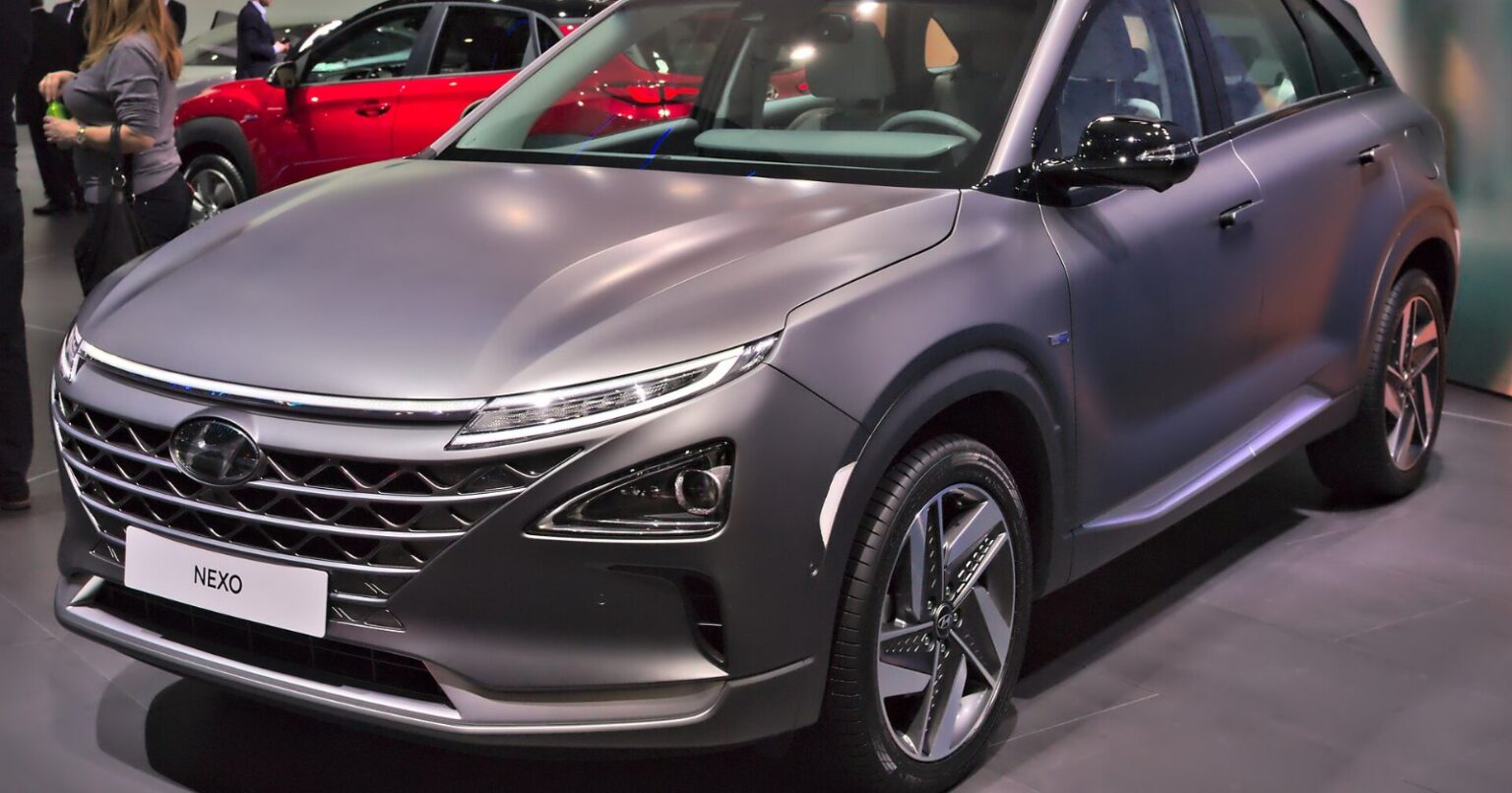 Hyundai Nexo hydrogen fuel cell vehicle shown at the Geneva motor show in 2018