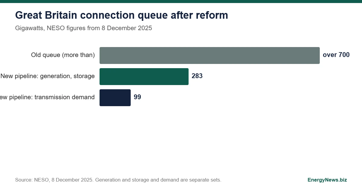 GB grid queue: 700 GW cut to 283 GW, over 75% offers out Bar chart of the Great Britain connection queue: more than 700 GW in the old queue, 283 GW of generation and storage and 99 GW of transmission connected demand in the new pipeline