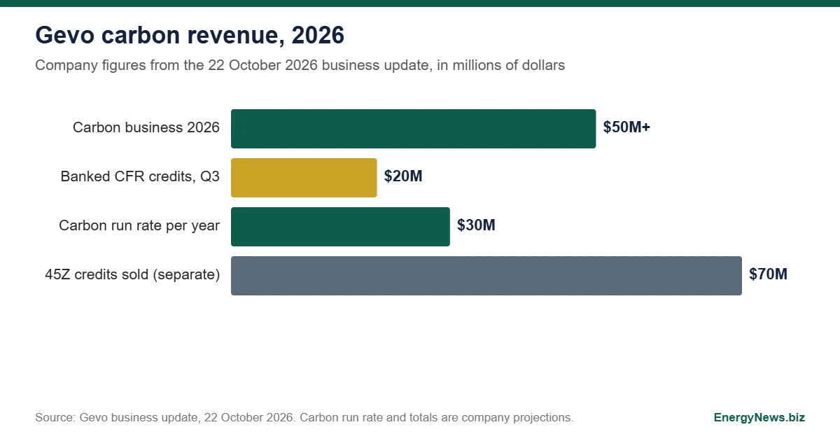 Gevo carbon revenue tops $50M in 2026 on CFR credit sale Gevo carbon revenue 2026: $50M total, $20M one time CFR credits, $30M run rate, next to $70M of 45Z credits