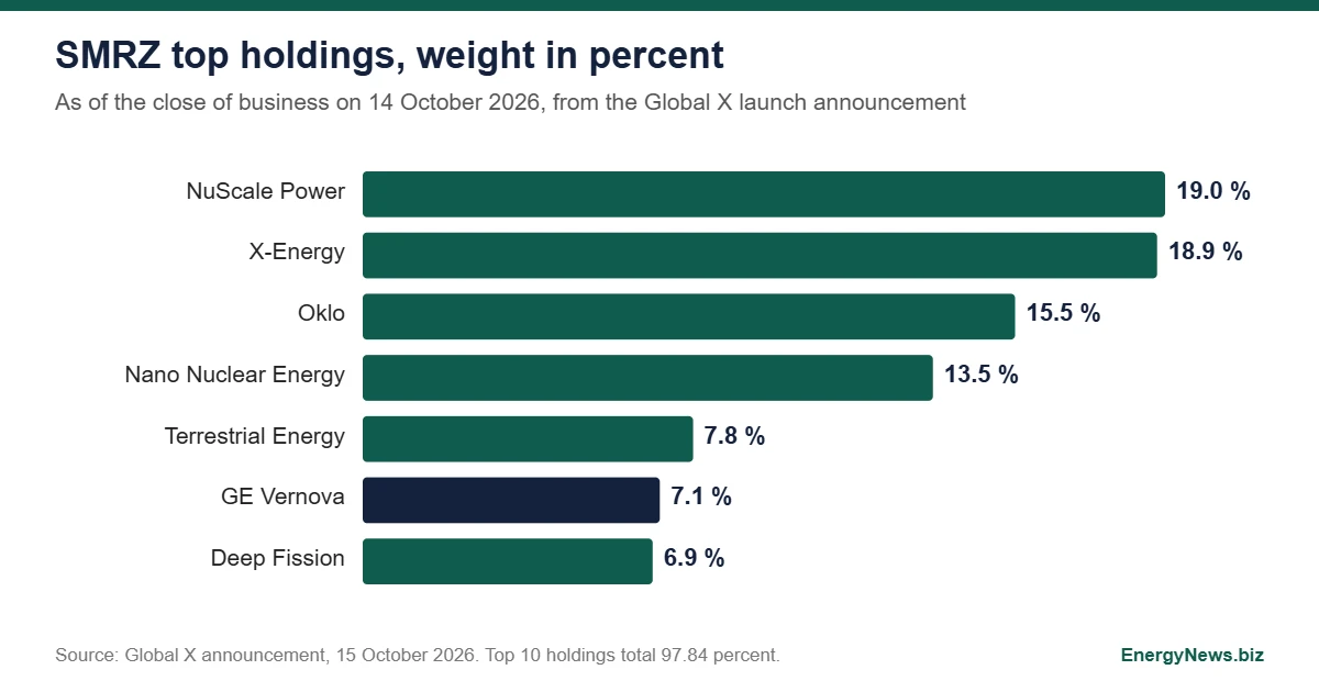 SMR ETF launch: 10 holdings are 97.8% of a 15 stock fund Bar chart of the seven largest holdings of the Global X Small Modular Reactor ETF by weight: NuScale 19.0 percent, X-Energy 18.9, Oklo 15.5, Nano Nuclear 13.5, Terrestrial 7.8, GE Vernova 7.1, Deep Fission 6.9