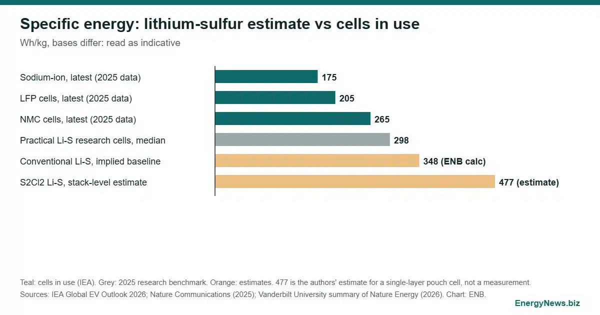 Lithium-sulfur battery at 2.54 V loses 22% in 100 cycles Bar chart of specific energy in Wh/kg for sodium-ion, LFP, NMC, lithium-sulfur research cells and the new S2Cl2 lithium-sulfur cell estimate