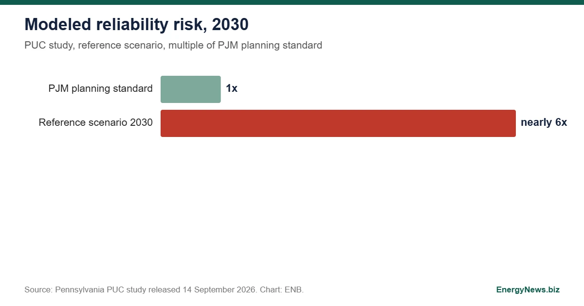 Pennsylvania PUC votes 4 to 0 to curtail new large loads first Bar chart comparing the PJM reliability planning standard of 1 with the modeled 2030 risk of nearly 6 times the standard in the Pennsylvania PUC study