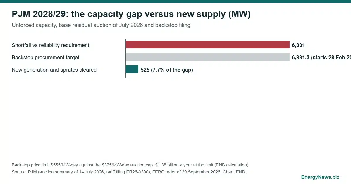PJM backstop procurement delayed to 2027 amid 6.8 GW gap Bar chart of the PJM 2028/29 capacity shortfall of 6,831 MW against 525 MW of new generation cleared and the 6,831 MW backstop target