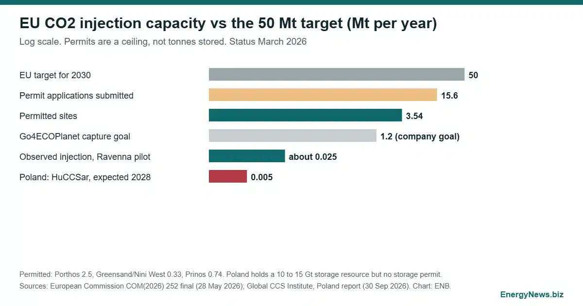Poland CCS: 10 to 15 Gt resource, 0.005 Mt/yr injection planned Log-scale bar chart of EU CO2 injection capacity categories against the 50 Mt per year target, with Poland HuCCSar at 0.005 Mt per year