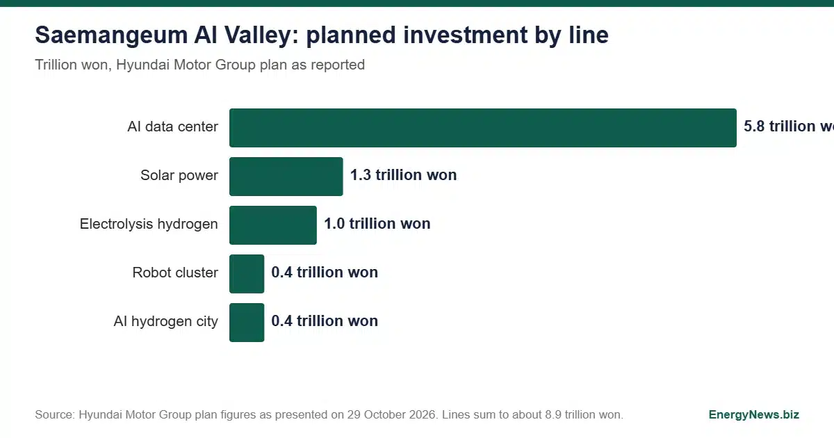 Saemangeum AI Valley: Hyundai plans 9 trillion won site Saemangeum AI Valley investment by line: AI data center 5.8, solar 1.3, hydrogen 1.0, robots 0.4, hydrogen city 0.4 trillion won