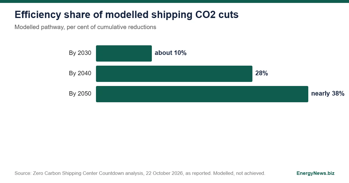 Shipping energy efficiency: Zero Carbon Center sees data gap Shipping energy efficiency share of modelled CO2 cuts: about 10% by 2030, 28% by 2040, nearly 38% by 2050