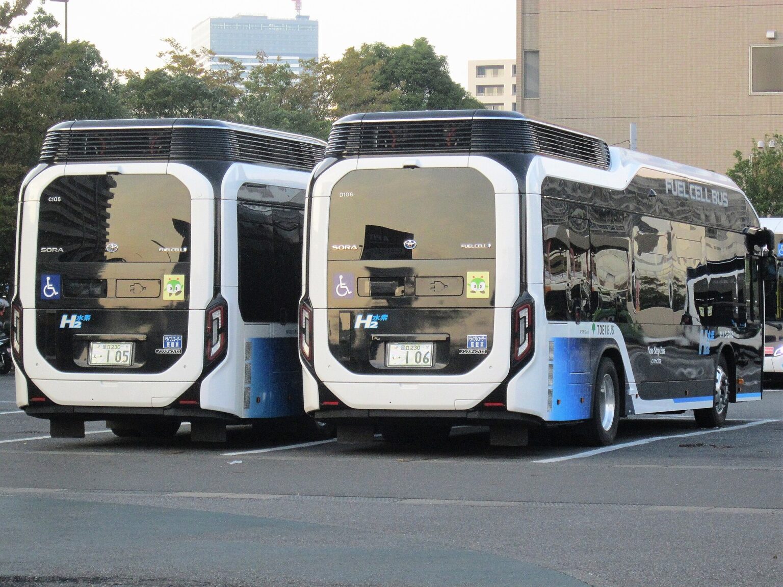 Toyota Sora fuel cell buses at a depot in Tokyo
