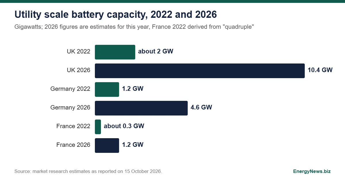 UK battery spreads up 80% to £123/MWh as winter nears Bar chart of utility scale battery capacity in gigawatts: UK about 2 in 2022 and 10.4 in 2026, Germany 1.2 and 4.6, France about 0.3 and 1.2